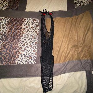Black fishnet bodysuit w/ red ribbons